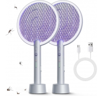 Electric Fly Swatter Racket 2 Pack, Mosiller 2 in 1 Bug Zapper with Auger USB Rechargeable Base, 4000 Volt Indoor Outdoor Mosquito Killer with 3-Layer Safety Mesh for Pest Insect Control & Flying
