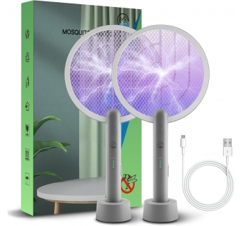 Electric Fly Swatter Racket, Mosiller 4000V 2 in 1 Bug Zapper with USB Rechargeable Base, Powerful Mosquitoes Trap Lamp & Fly Killer with 3-Layer Safety Mesh for Home, Bedroom, Kitchen, Patio (2 Pack）