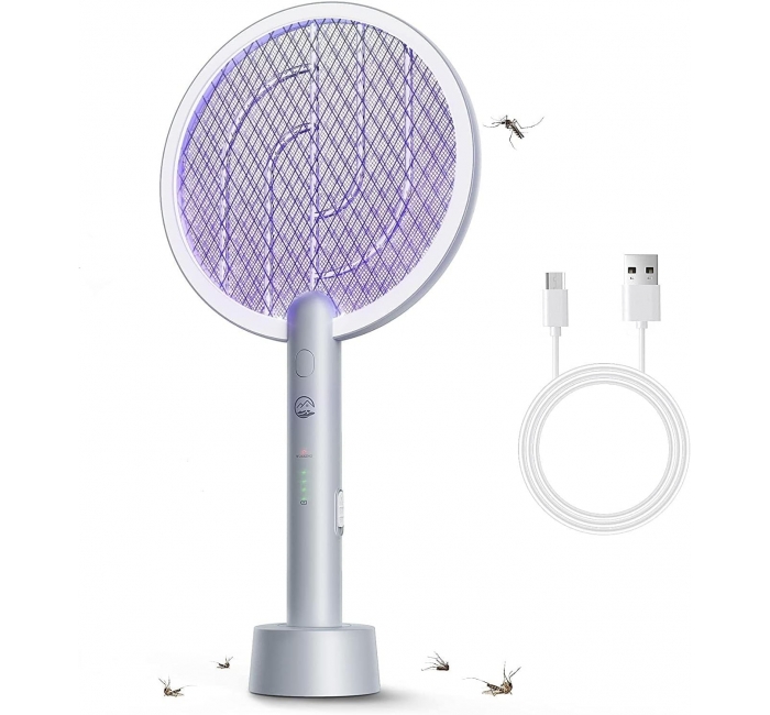 Electric Fly Swatter Racket 1 Pack, Mosiller 2 in 1 Bug Zapper with USB Rechargeable Base, 4000 Volt Indoor Outdoor Mosquito Killer with 3-Layer Safety Mesh for Pest Insect Control & Flying（1 Pack)