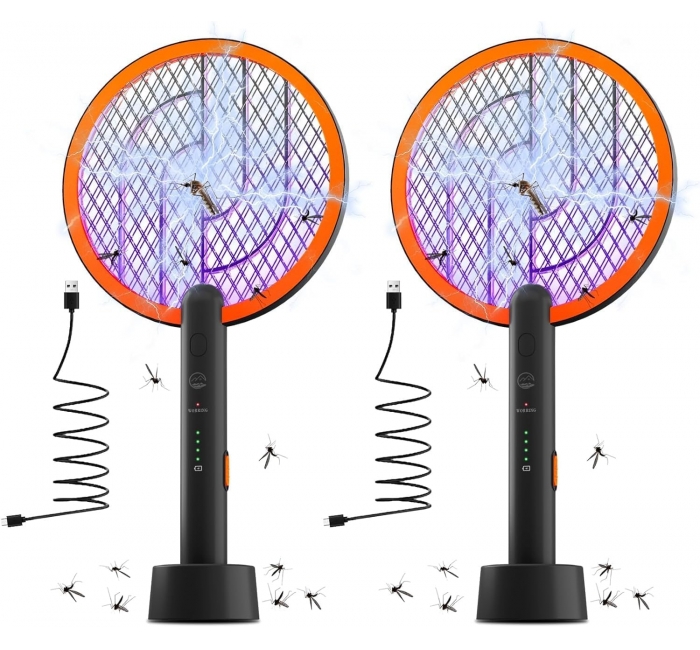 Electric Fly Swatter Racket, Mosiller 2 in 1 Smart Bug Zapper & Power Take Off Generators with USB Rechargeable Base, Powerful Mosquitoes Trap Lamp & Fly Killer for Home, Bedroom (2 Pack)